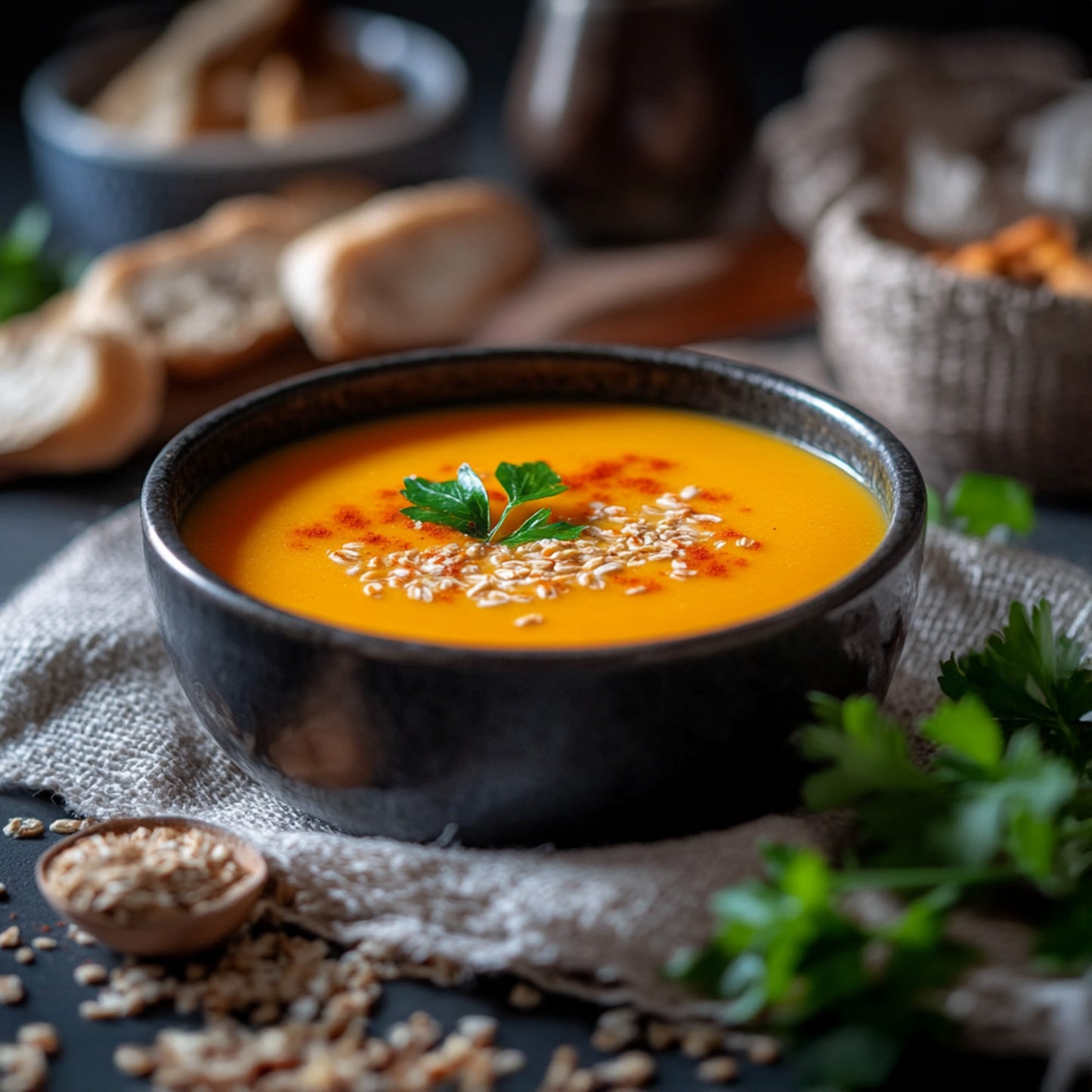 Crème de lentilles corail, lait de coco et noisettes torréfiées