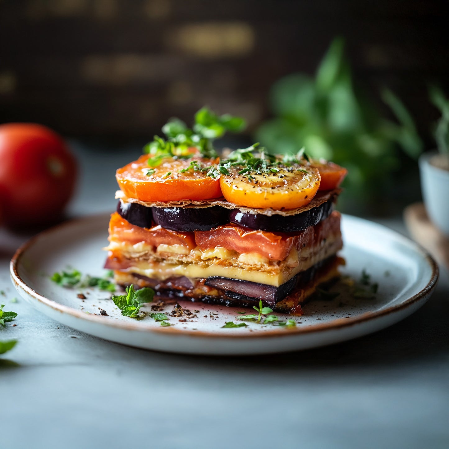 Mille feuille de légumes confits et crumble au parmesan